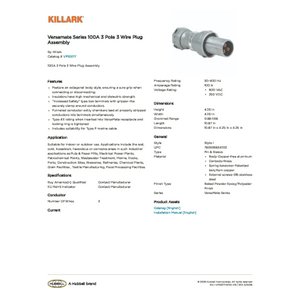Versamate Series 100A 3 Pole 3 Wire Plug Assembly | VP10377 | Killark