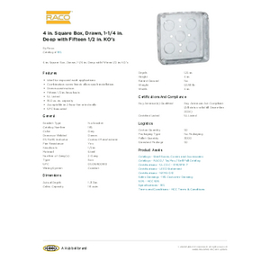 4 in. Square Box, Drawn, 1-1/4 in. Deep with Fifteen 1/2 in