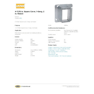 4-11/16 in. Square Cover, 1-Gang, 2 in. Raised | 899 | Raco 4-11/16 in. Square Cover, 1-Gang, 2 in. Raised | 899 | Raco