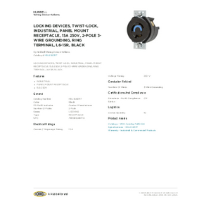 LOCKING DEVICES, TWIST-LOCK, INDUSTRIAL, PANEL MOUNT RECEPTACLE, 15A 250V, 2-POLE 3-WIRE GROUNDING, RING TERMINAL, L6-15R, BLACK | HBL4563RT | Hubbell Wiring Device-Kellems LOCKING DEVICES, TWIST-LOCK, INDUSTRIAL, PANEL MOUNT RECEPTACLE, 15A 250V, 2-POLE 3-WIRE GROUNDING, RING TERMINAL, L6-15R, BLACK | HBL4563RT | Hubbell Wiring Device-Kellems