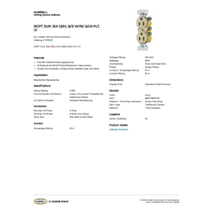 RCPT DUP, 15A 125V, B/S WIRE QCK-PLT, IV | RR15QI | Hubbell Canada