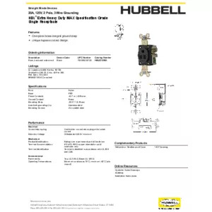 Hubbell Wiring Systems HBL53CM61 Corrosion Resistant Single Receptacle with  Straight Blade, 20A, 125V, 2 Pole, 3 Wire Grounding, Yellow